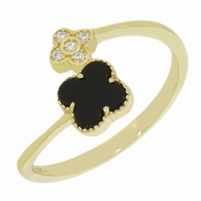 Four Leaf Clover Sterling Silver Ring Gold Tone Black Stone GVL062