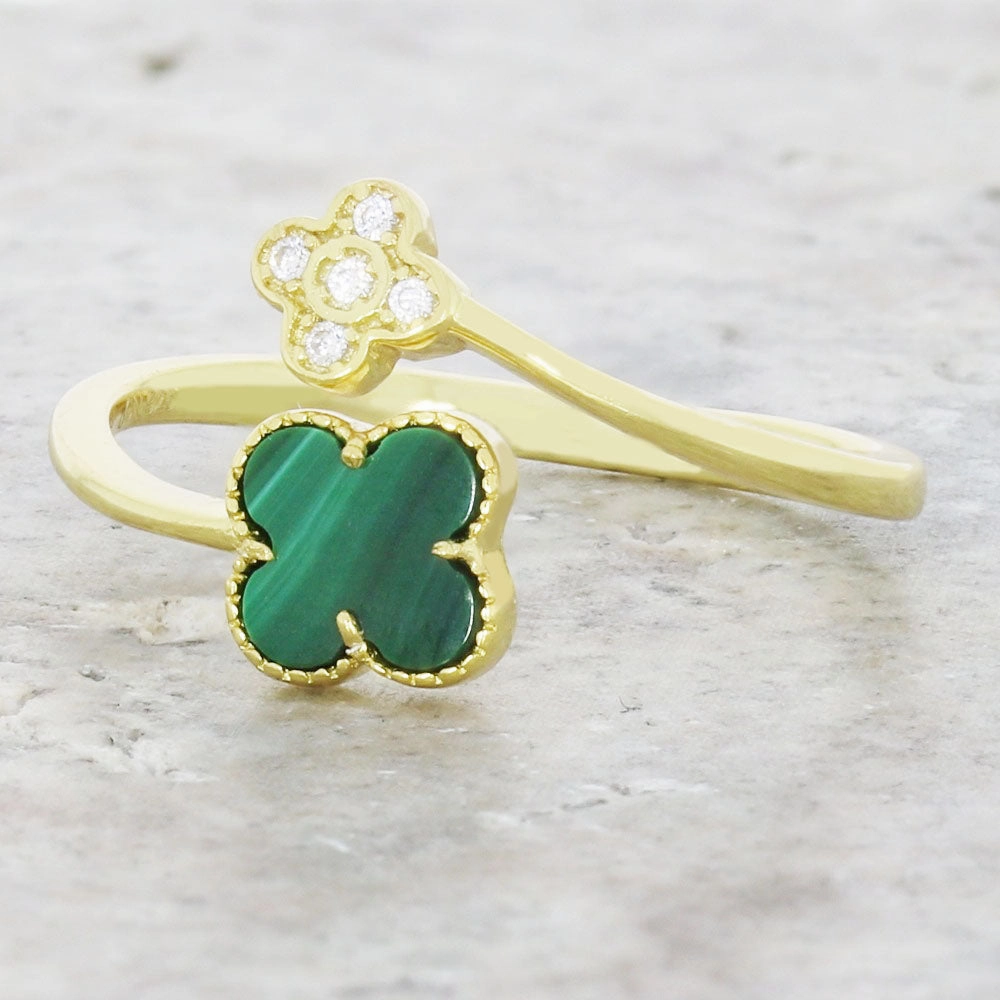 Four Leaf Clover Sterling Silver Ring Gold Tone Green Stone GVL063