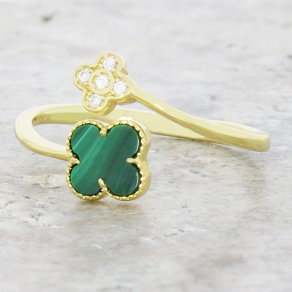 Four Leaf Clover Sterling Silver Ring Gold Tone Green Stone GVL063