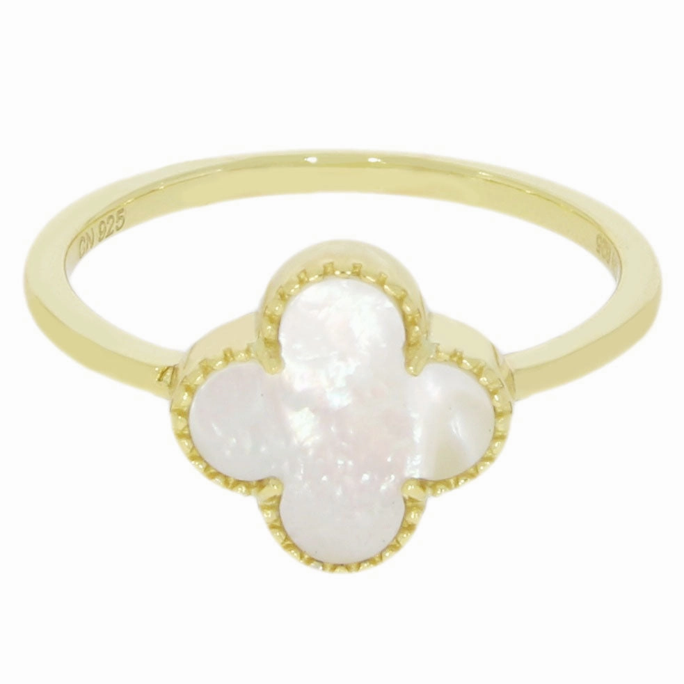 Four Leaf Clover Sterling Silver Ring Gold Tone Mother of Pearl GVL037