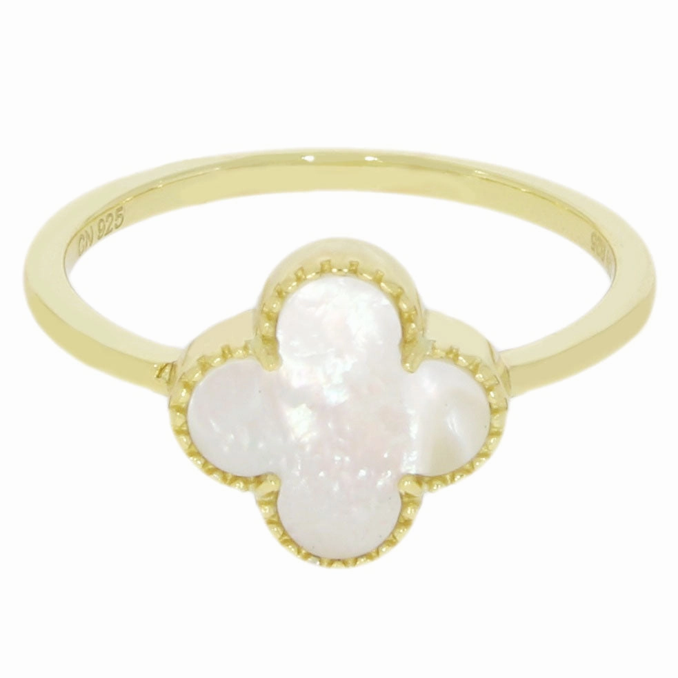 Four Leaf Clover Sterling Silver Ring Gold Tone Mother of Pearl GVL037