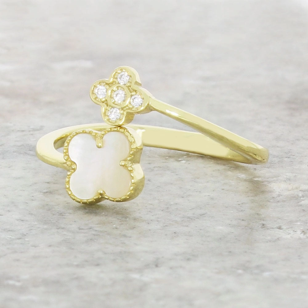 Four Leaf Clover Sterling Silver Ring Gold Tone Mother of Pearl GVL061