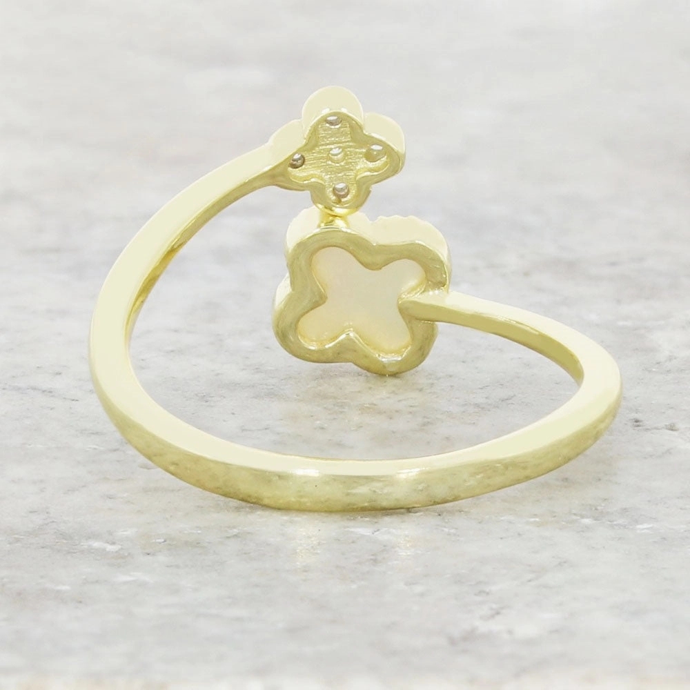 Four Leaf Clover Sterling Silver Ring Gold Tone Mother of Pearl GVL061