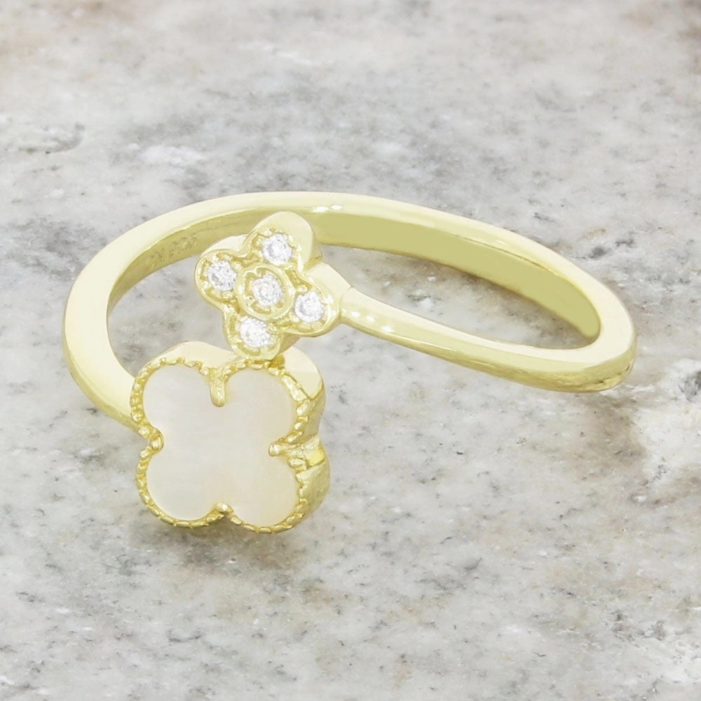 Four Leaf Clover Sterling Silver Ring Gold Tone Mother of Pearl GVL061
