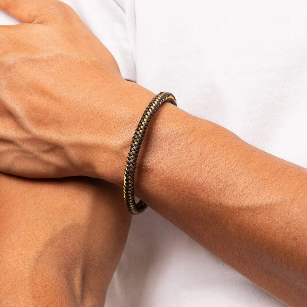Fred Bennett Black Leather and Gold Wire Mens Bracelet B5450