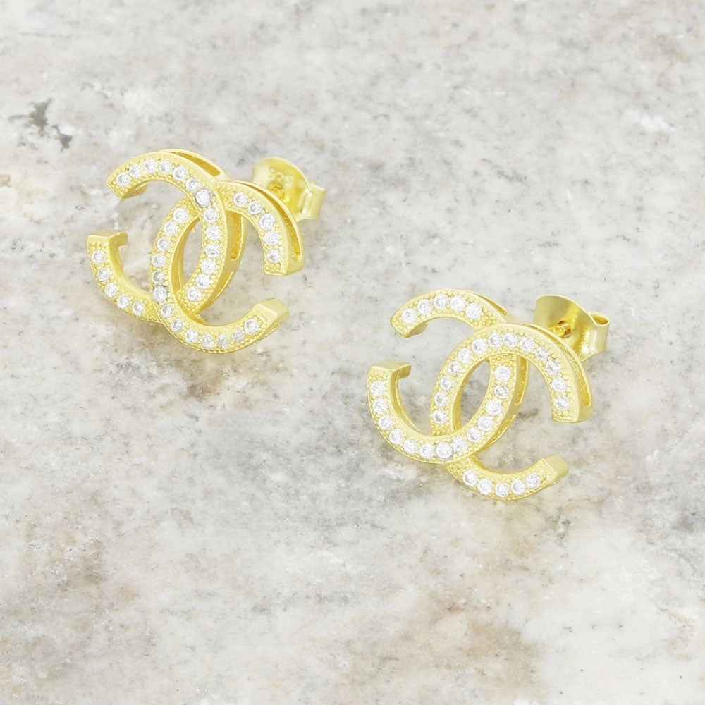 Gold Plated Double C Cubic Zirconia Stud Earrings GVL055