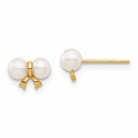 Madi K Kid's 14k  3-4mm White Round FW Cultured Pearl Bow Post Earrings