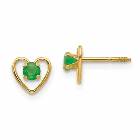 Madi K Kid's 14k  3mm Emerald Birthstone Heart Earrings