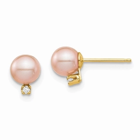 Madi K Kid's 14K  5-6mm Pink Round FW Cultured Pearl .02ct Diamond Post Earrings