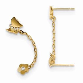 Madi K Kid's 14k  CZ Double Post w/Chain Butterfly & Flower Earring