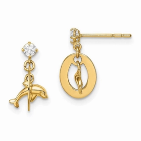Madi K Kid's 14k  CZ Oval with Dolphin Dangle Post Earrings