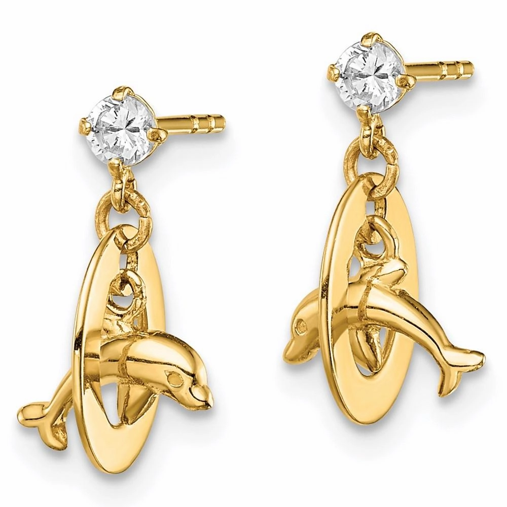 Madi K Kid's 14k  CZ Oval with Dolphin Dangle Post Earrings
