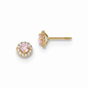 Madi K Kid's 14k  Polished Pink and Clear CZ Screwback Post Earrings