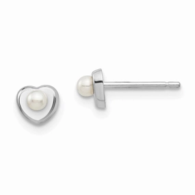 Madi K Kid's 14kw  White Button Freshwater Cultured Pearl Heart Post Earrings