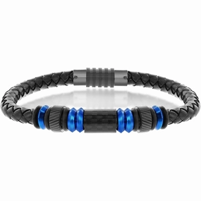 Men's Bracelet - Blue Steel with Black Carbon Fiber and Leather | ST-1619