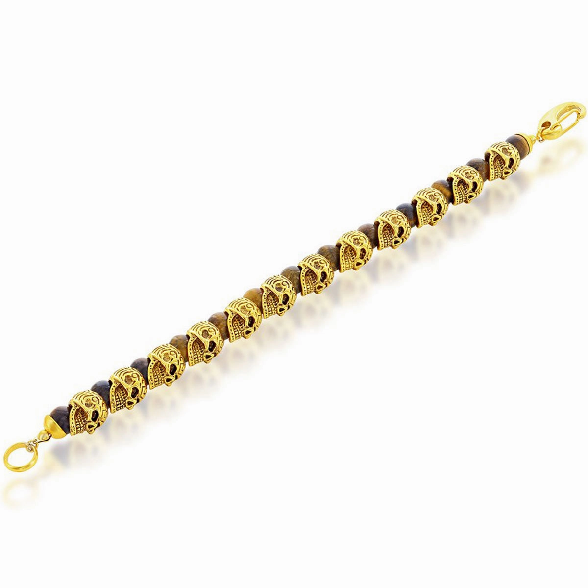 Men's Bracelet - Gold Tone Stainless Steel Tiger Eye Beads Skull | ST-1630