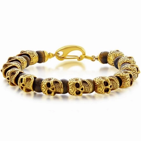 Men's Bracelet - Gold Tone Stainless Steel Tiger Eye Beads Skull | ST-1630
