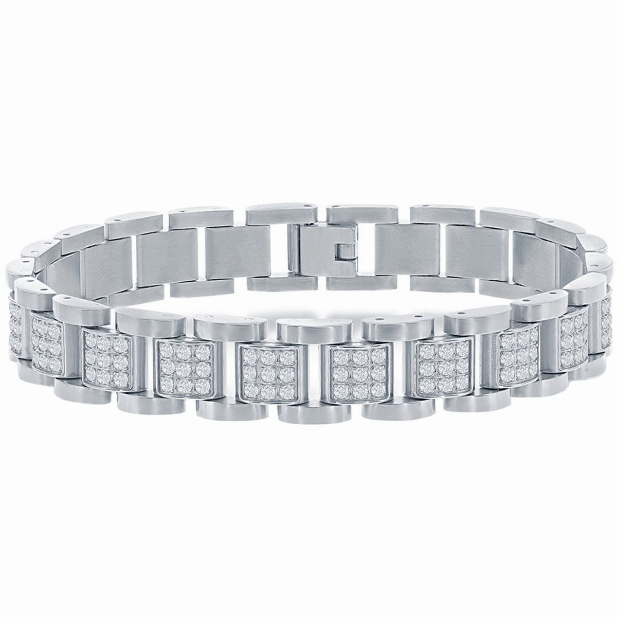 Men's Bracelet - Silver Stainless Steel White CZ Square Link | ST-1613