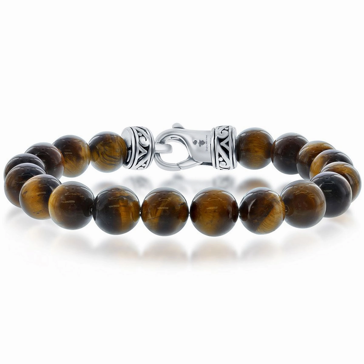 Men's Bracelet - Stainless Steel 10mm Brown Tiger Eye Stone Beaded | ST-1606