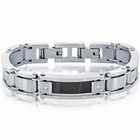 Men's Bracelet - Stainless Steel and Black Carbon Fiber Link CZ | ST-1633