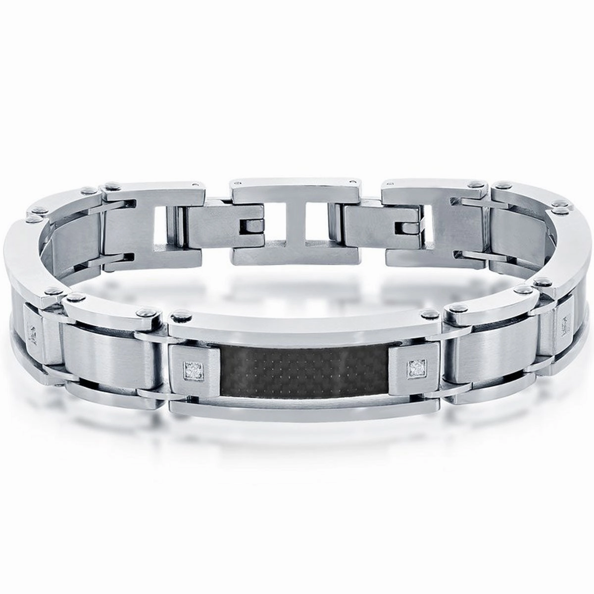 Men's Bracelet - Stainless Steel and Black Carbon Fiber Link CZ | ST-1633