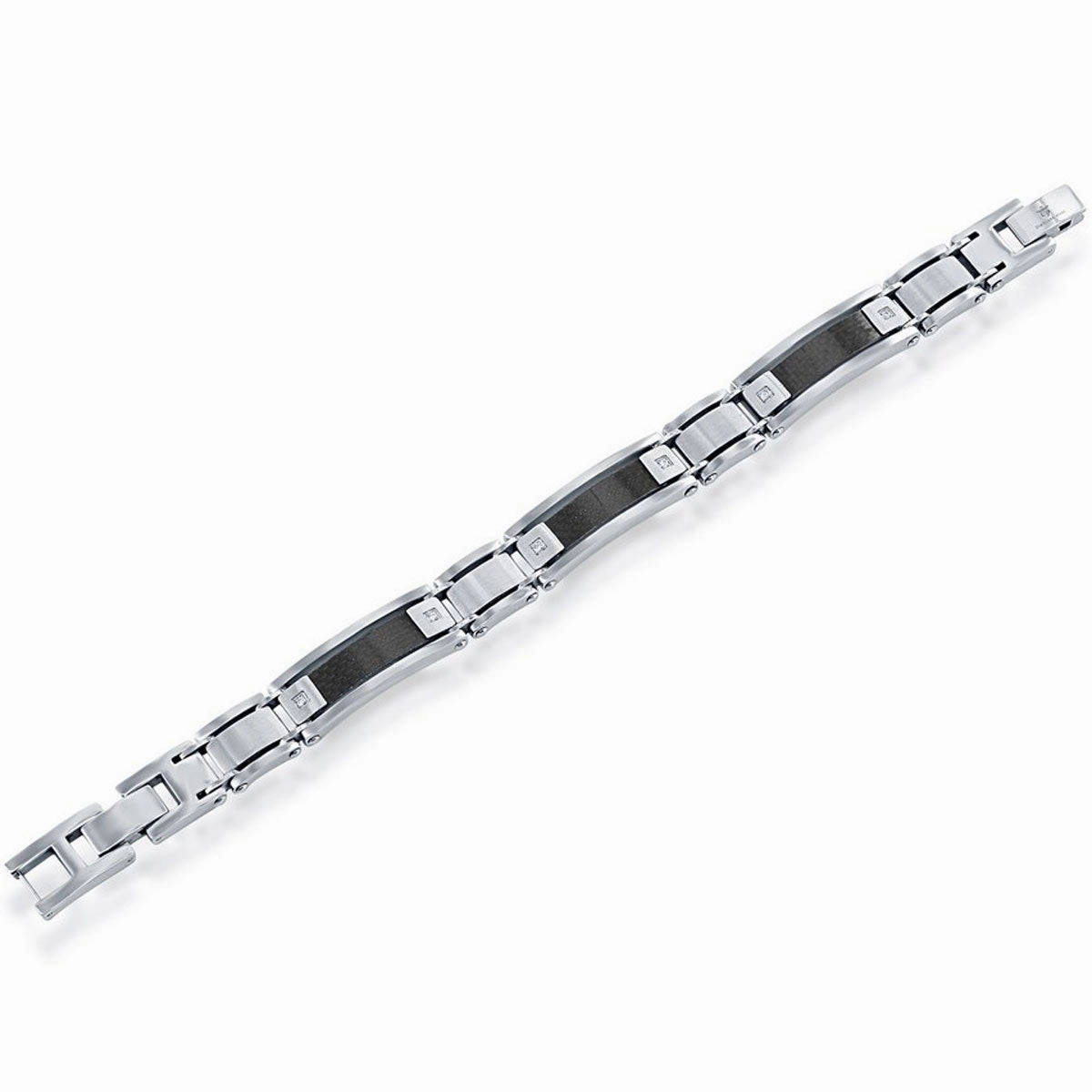 Men's Bracelet - Stainless Steel and Black Carbon Fiber Link CZ | ST-1633