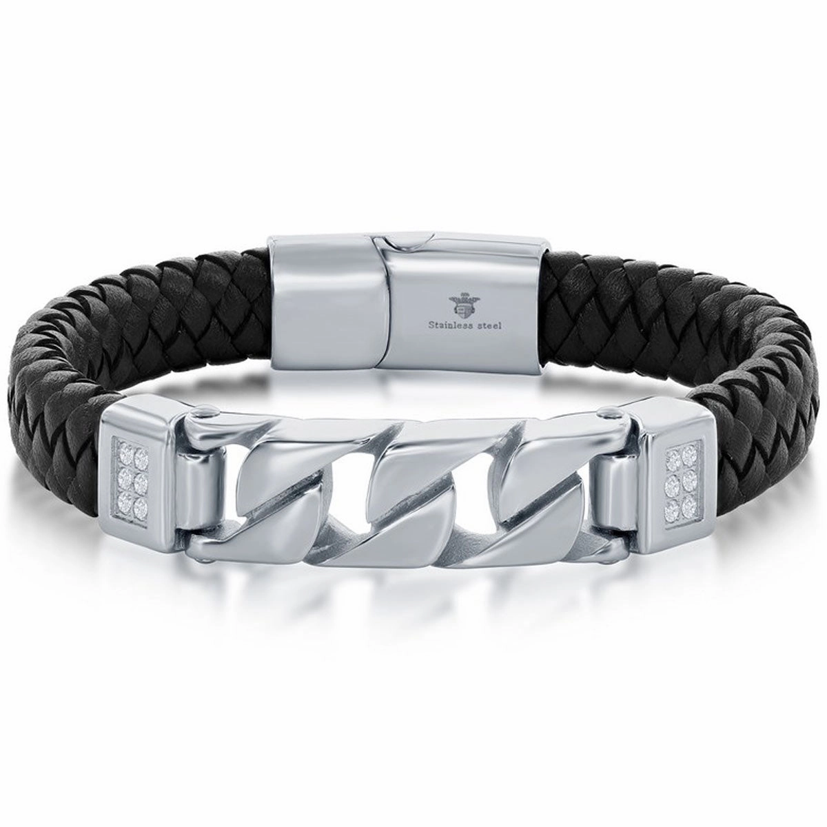 Men's Bracelet - Stainless Steel and Black Leather Curb Link | ST-1631