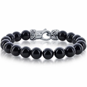 Men's Bracelet - Stainless Steel Genuine Black Onyx 10mm Bead | ST-1627