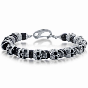 Men's Bracelet - Stainless Steel Genuine Black Onyx Beads Skull | ST-1629