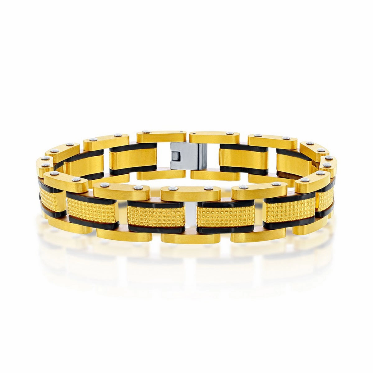 Men's Bracelet - Stainless Steel Gold and Black Textured Link | ST-1588