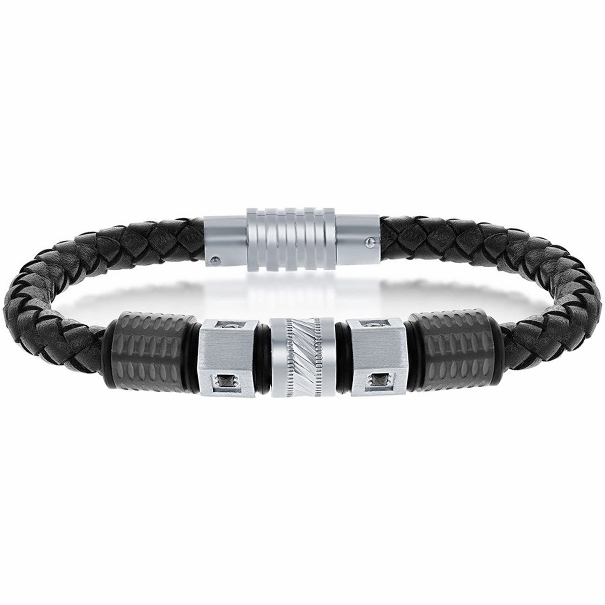 Men's Bracelet - Two Tone Stainless Steel with Black CZ Leather | ST-1621