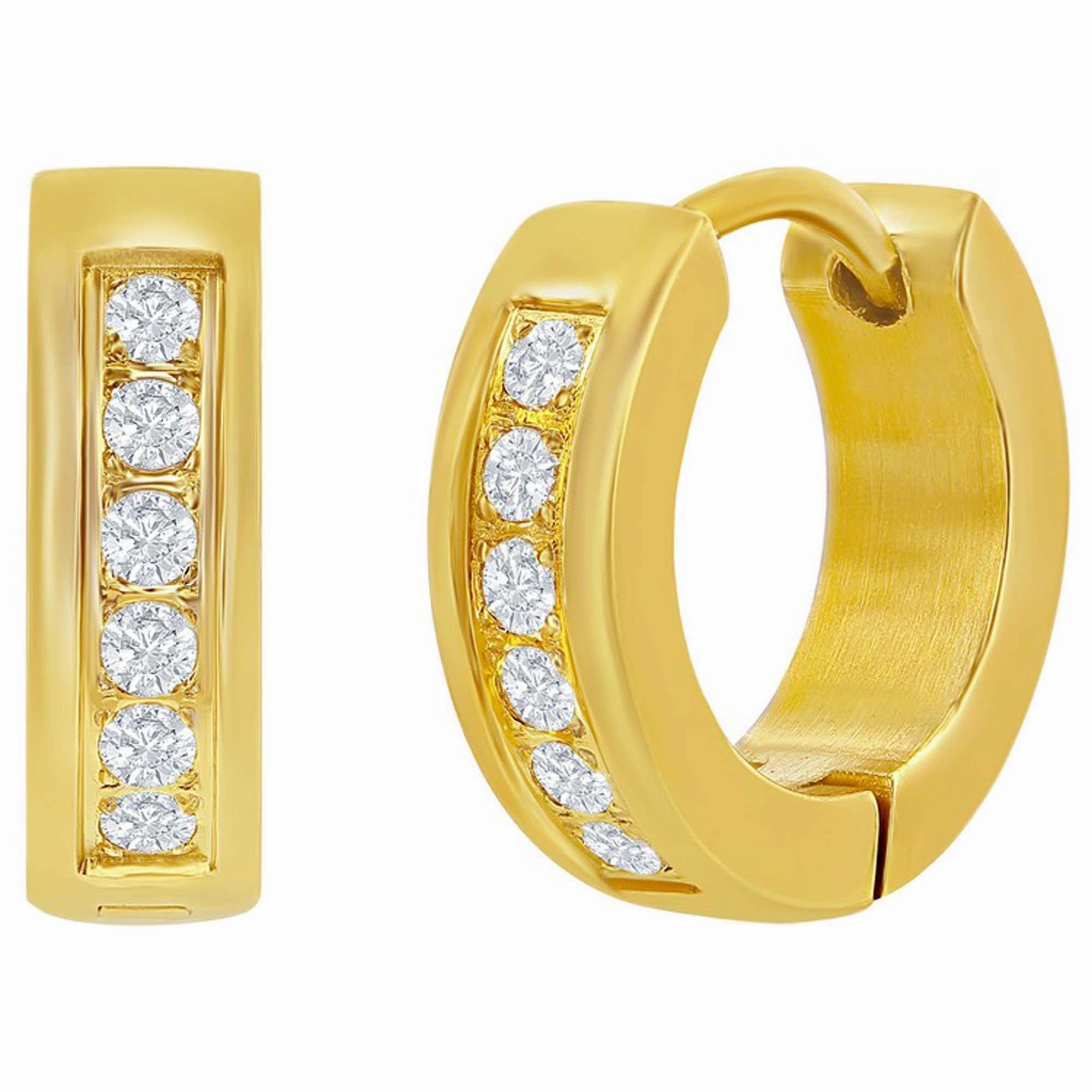 Men's Earrings - Gold Plated Steel 13mm Huggie Hoop Single Row CZ | SA-6078