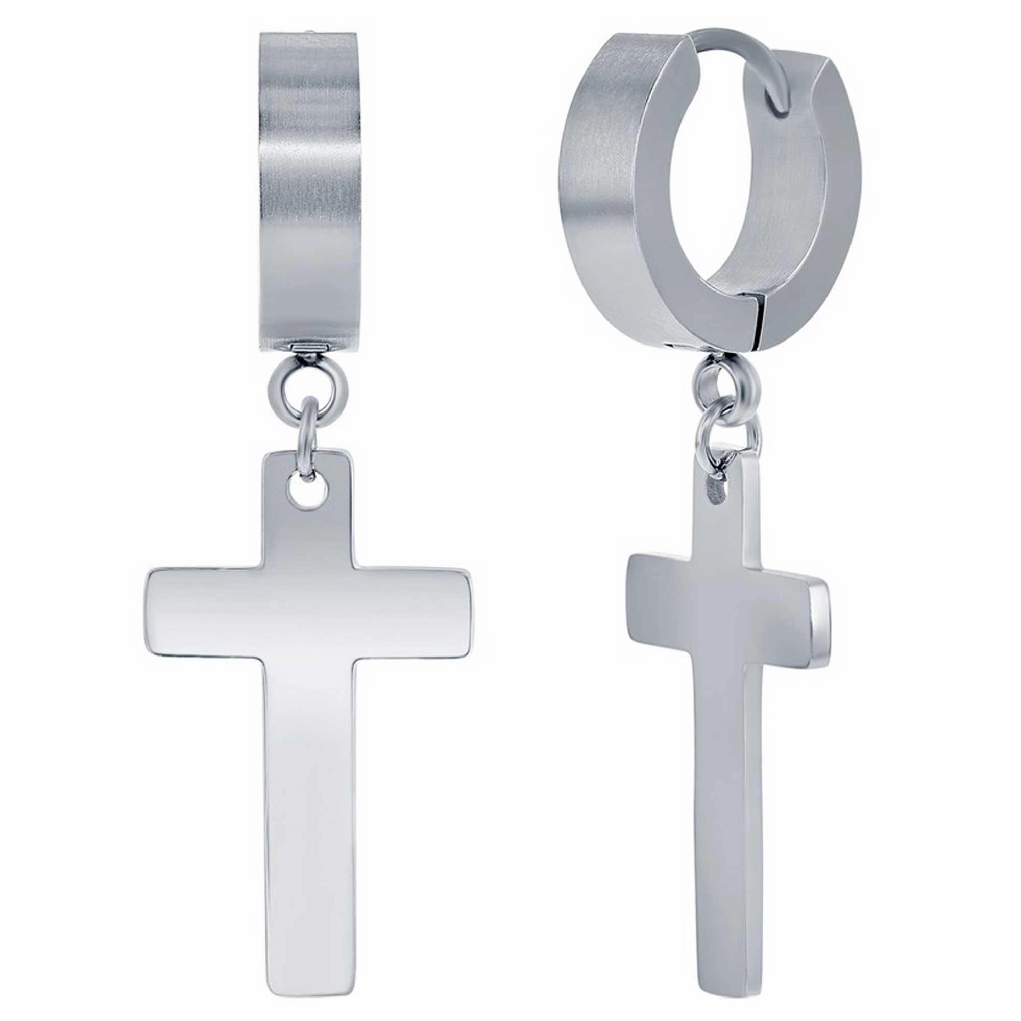 Men's Earrings - Stainless Steel Cross Charm Polished Huggie Hoop | SA-6084