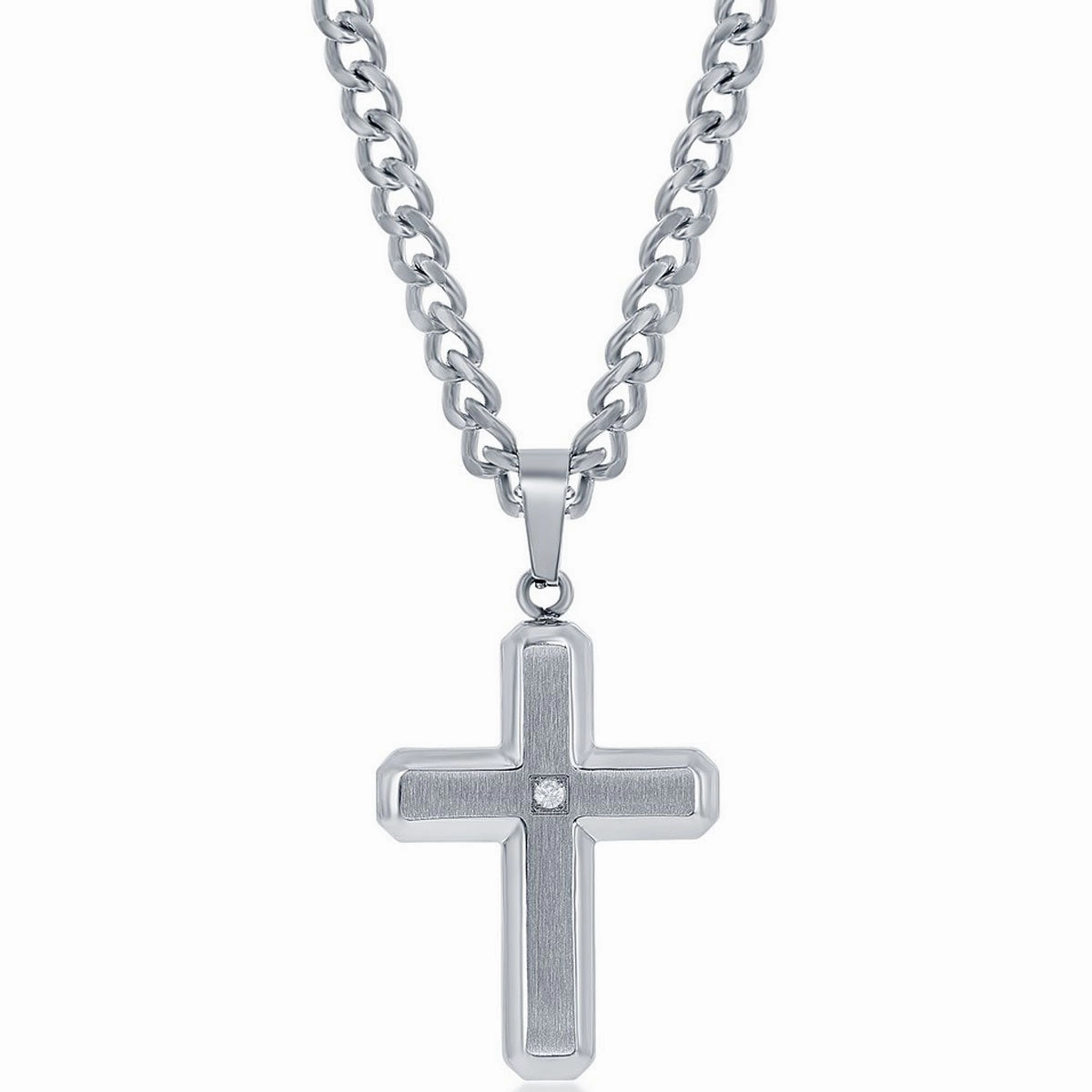 Men's Necklace - Brushed/Polished with Single CZ Cross | SL-7091