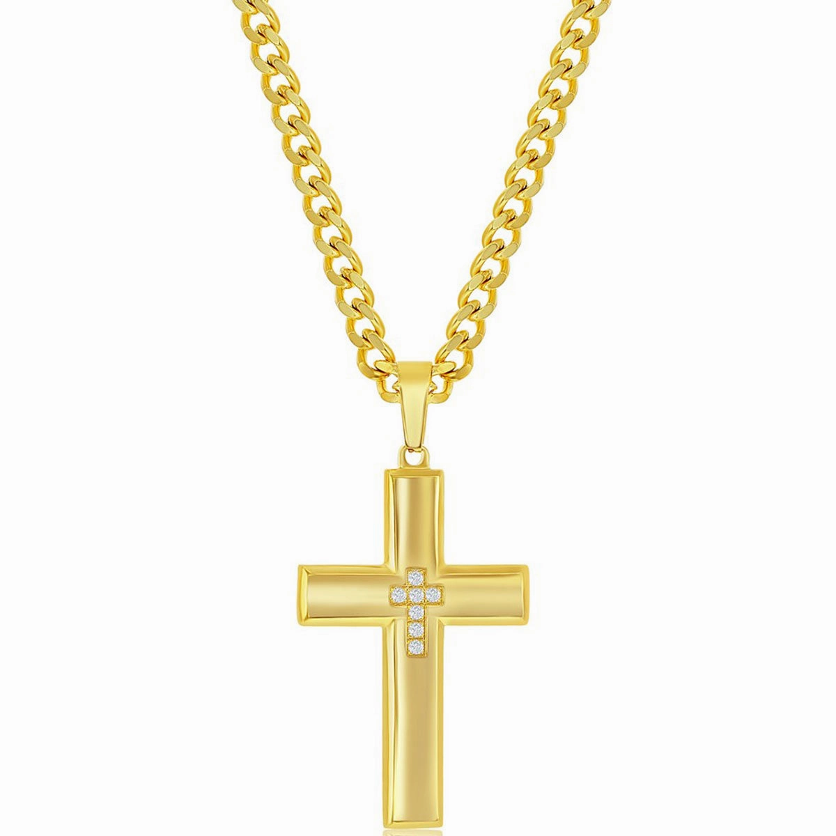 Men's Necklace - Gold Plated Stainless Steel and CZ Cross | SL-7093