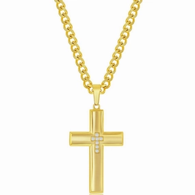 Men's Necklace - Gold Plated Stainless Steel and CZ Cross | SL-7093