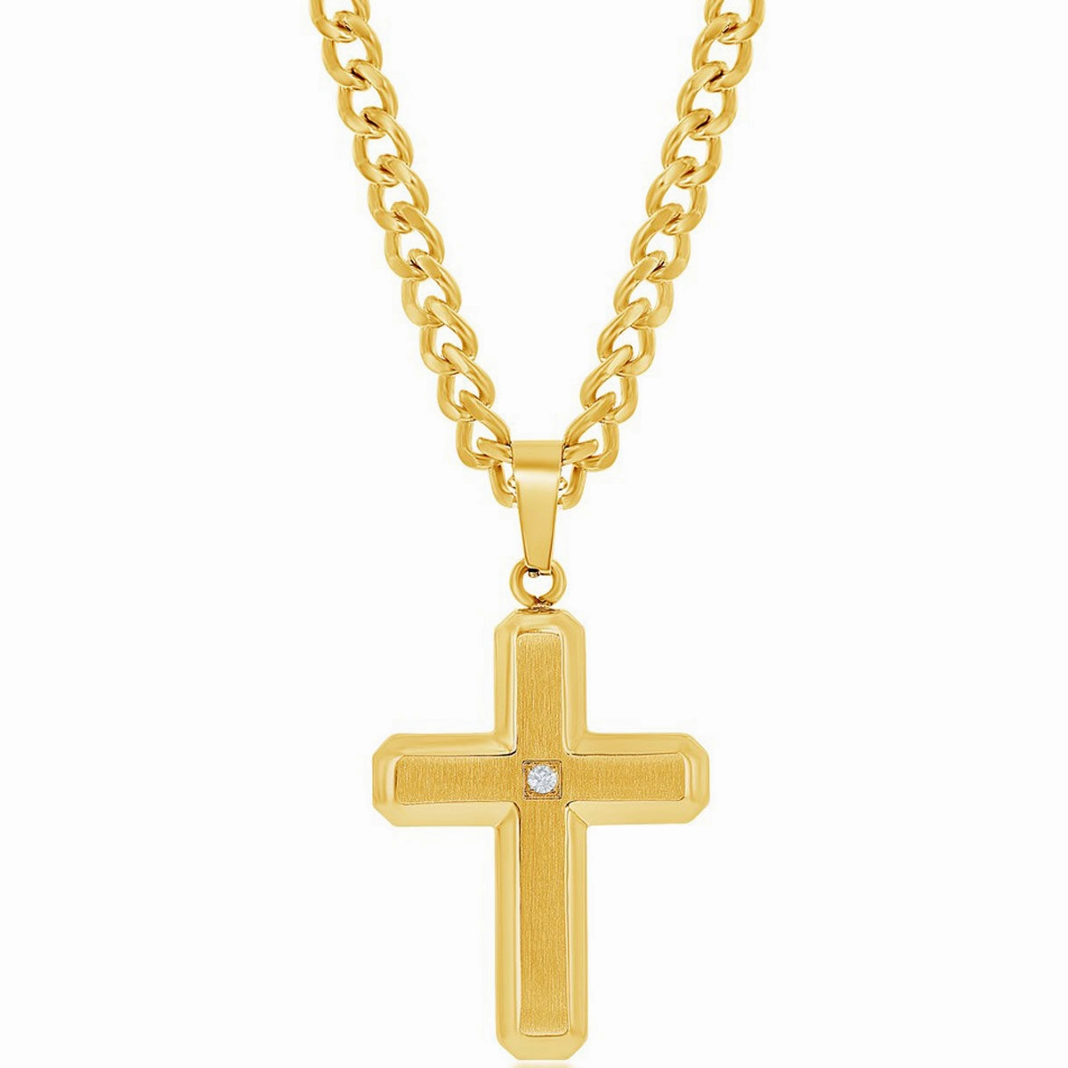 Men's Necklace - GP Steel Brushed and Polished Single CZ Cross | SL-7092
