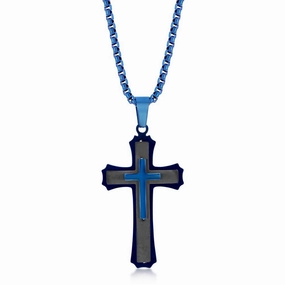 Men's Necklace - Stainless Steel Black and Blue 3D Cross | SL-7089