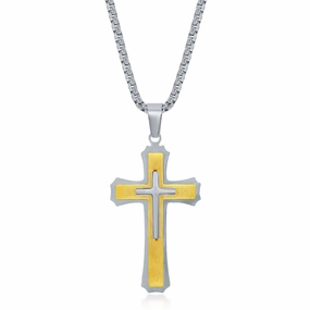 Men's Necklace - Stainless Steel Gold and Silver 3D Cross | SL-7090
