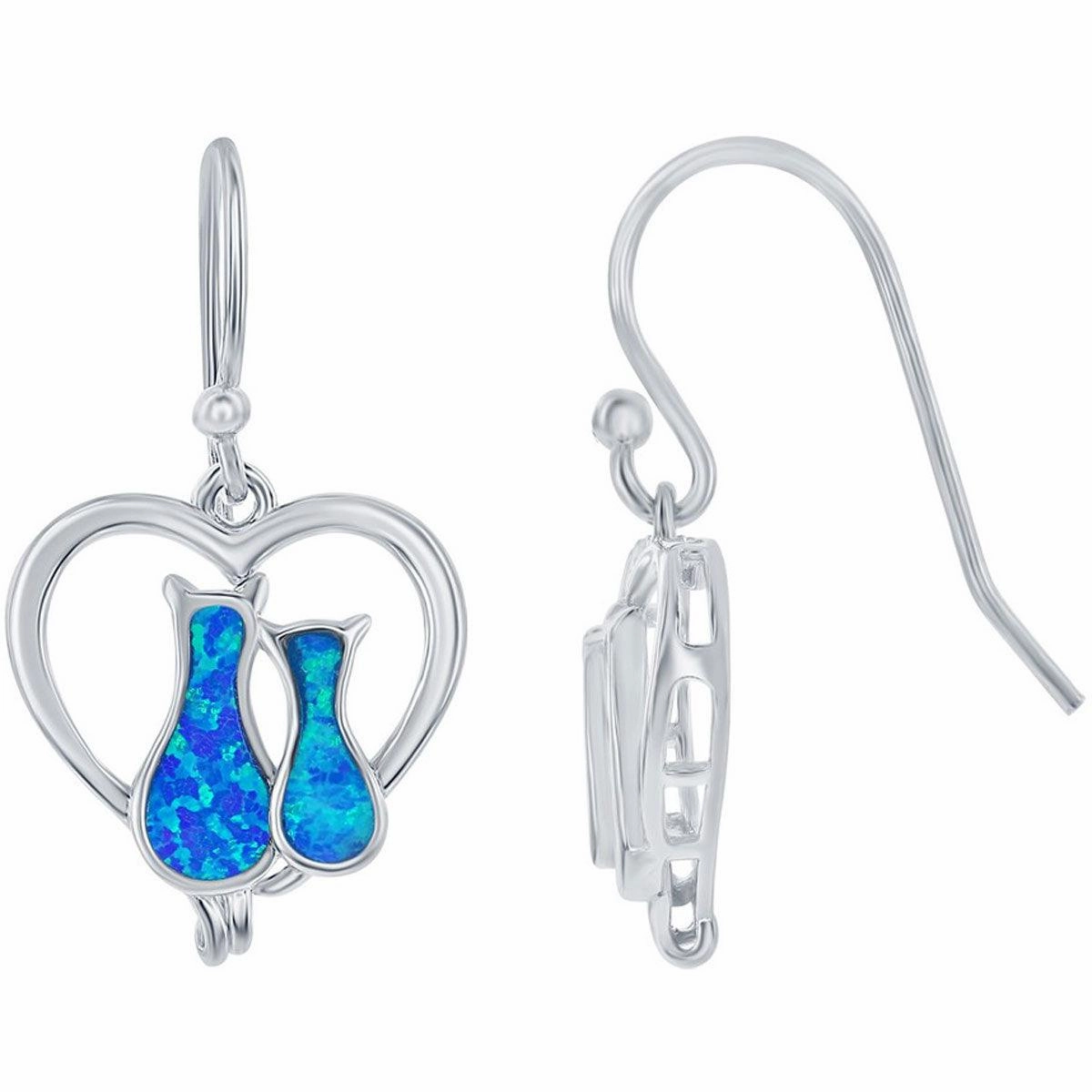 Opalata Women's Earrings - Sterling Silver Blue Opal Cats in a Heart Shape | D-7937