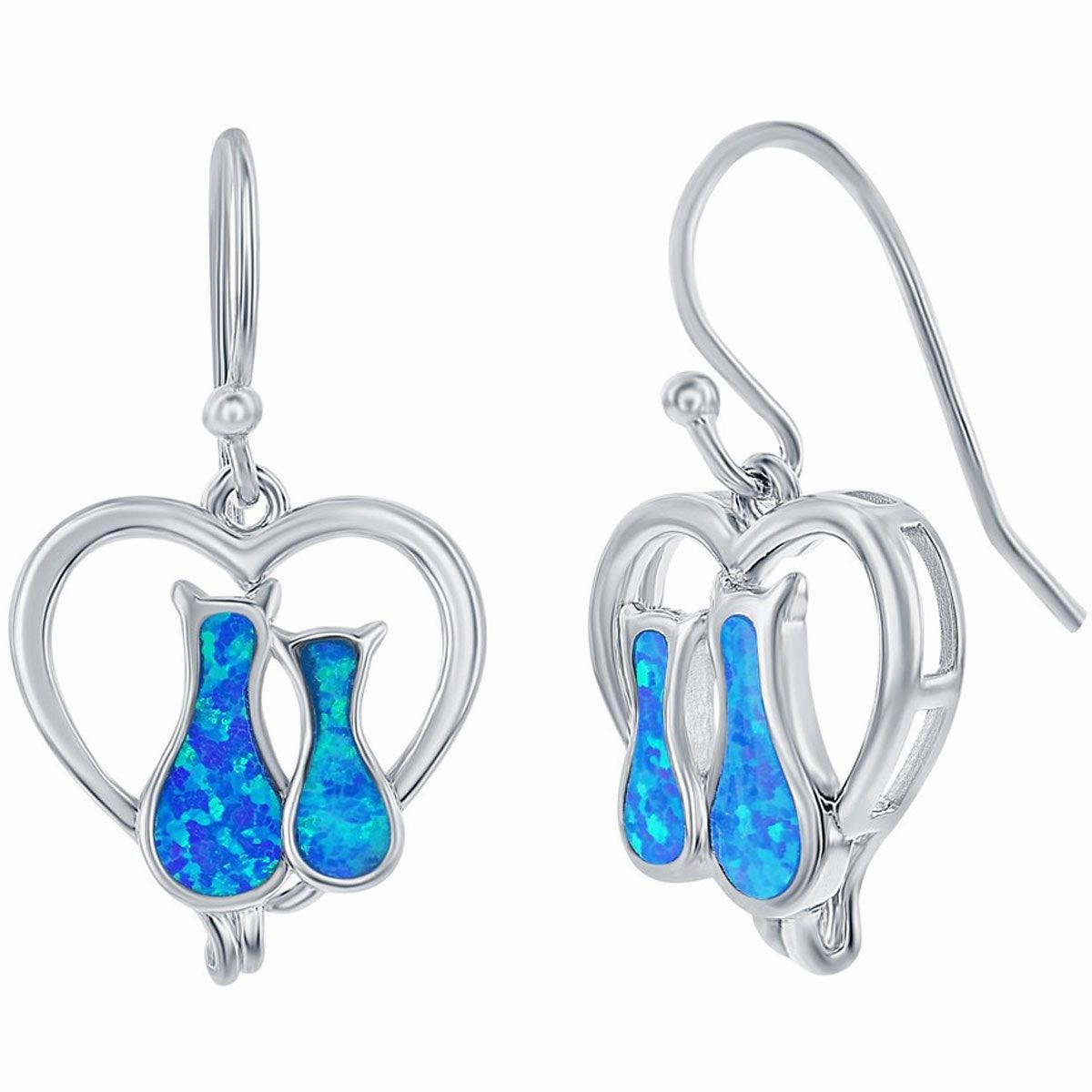 Opalata Women's Earrings - Sterling Silver Blue Opal Cats in a Heart Shape | D-7937