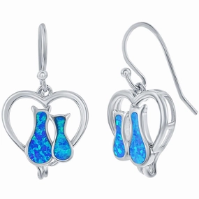 Opalata Women's Earrings - Sterling Silver Blue Opal Cats in a Heart Shape | D-7937