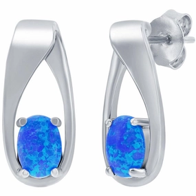 Opalata Women's Earrings - Sterling Silver Oval Blue Opal Long Post Back | D-7942