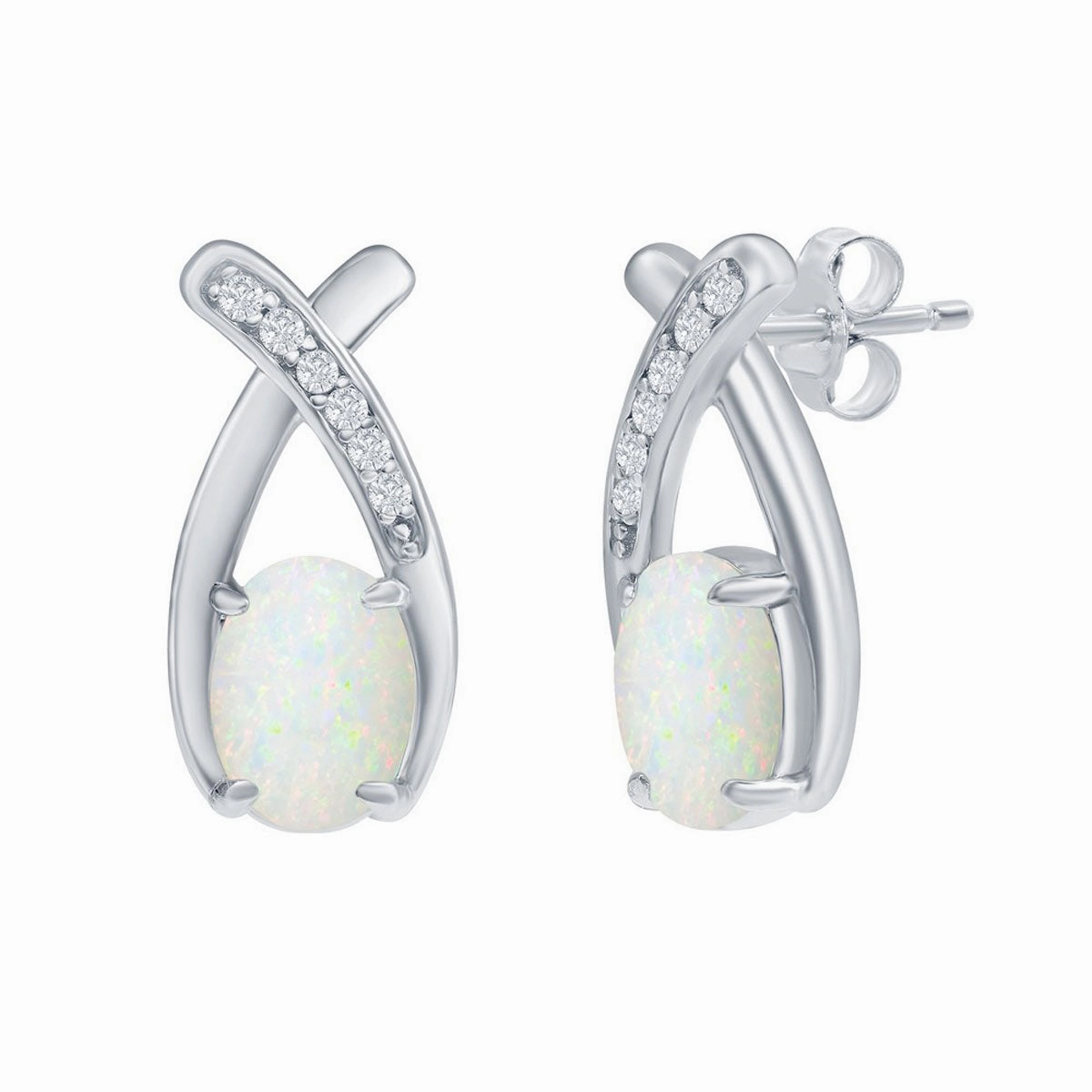 Opalata Women's Earrings - Sterling Silver Oval White Opal with CZ Post Back | D-8171