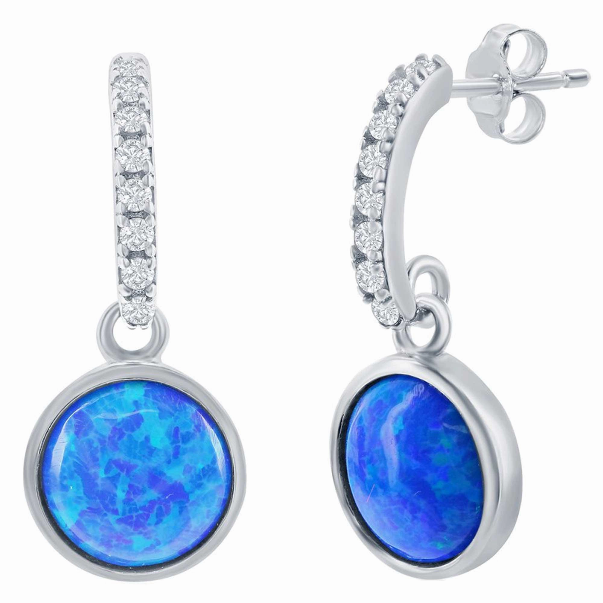 Opalata Women's Earrings - Sterling Silver Round Blue Opal with CZ | D-7936