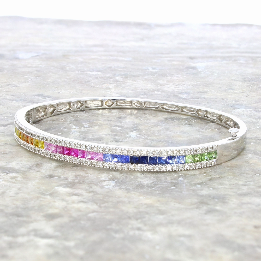 Pre Owned 14ct White Gold Multi Colour Sapphire and Diamond Bangle Bracelet