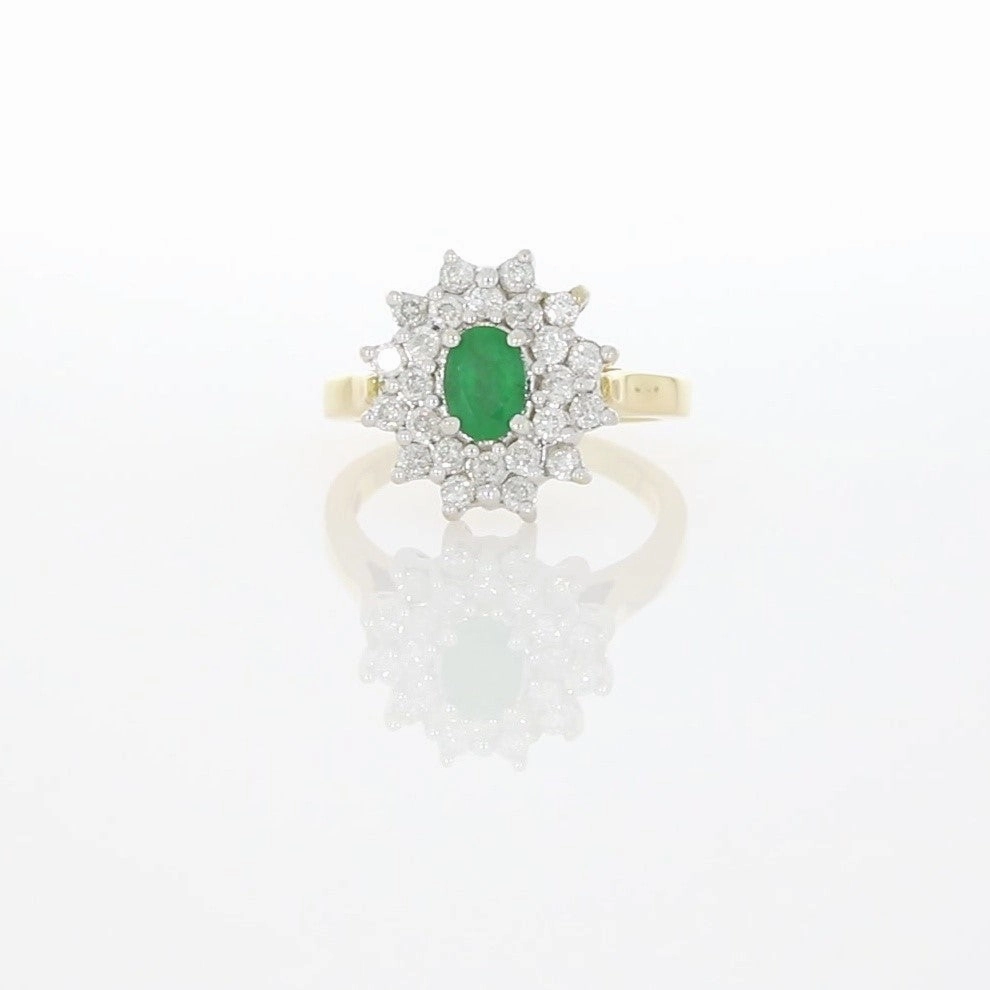 Pre Owned 18ct Gold Emerald and 1.00cts Diamond Cluster Ring