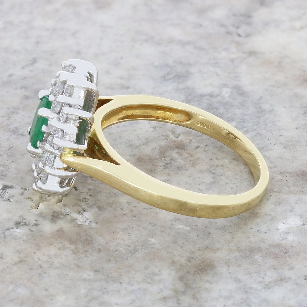 Pre Owned 18ct Gold Emerald and 1.00cts Diamond Cluster Ring