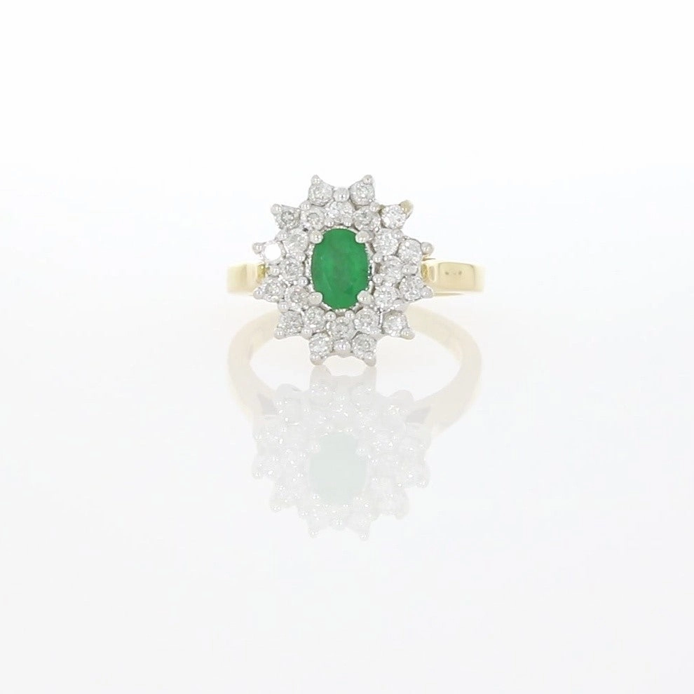 Pre Owned 18ct Gold Emerald and 1.00cts Diamond Cluster Ring