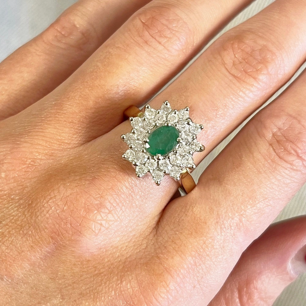 Pre Owned 18ct Gold Emerald and 1.00cts Diamond Cluster Ring